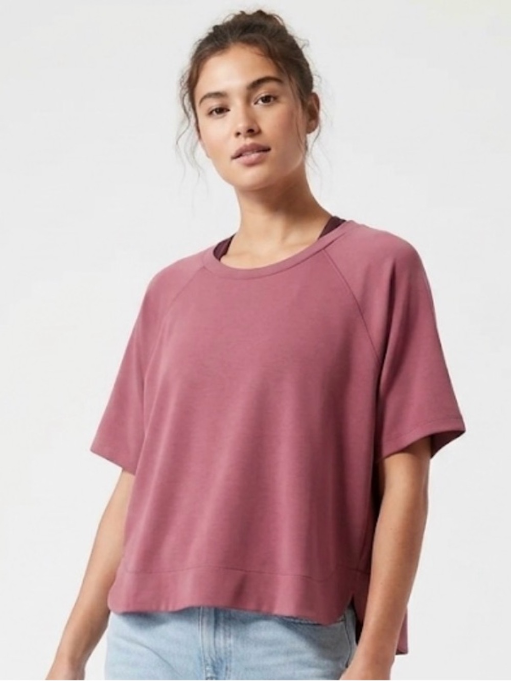 Athleta Boxy Short-Sleeve Sweatshirt in Dusty Rose